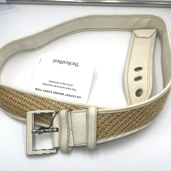 Slightly Used White leather & tan woven jute Prada belt with silver-tone - Picture 4 of 12